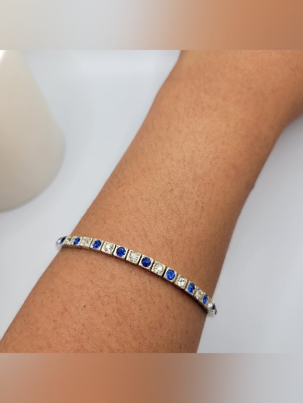 Vintage 1930's Sterling Silver Tennis Bracelet with Blue and Clear Stones